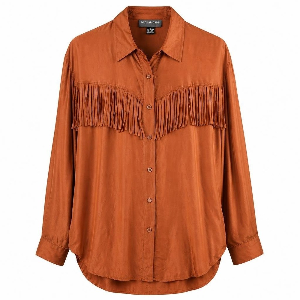 Vintage Maurices Western Shirt Womens Meduim 100% Silk Fringe 80s 90s Tunic